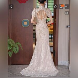 Embellished beige Lace Gown with pearl detailing